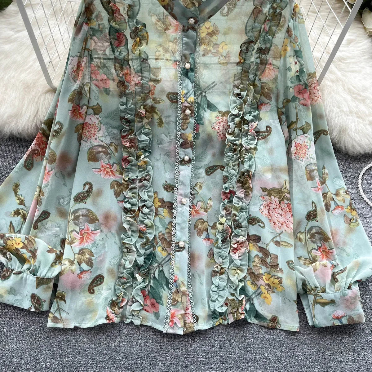 Women Ruffles Lace Floral Print Retro Elegant Button Shirts Summer Fashion Sweet Chic Stand Collar Long Sleeve Blouse Loose Tops
