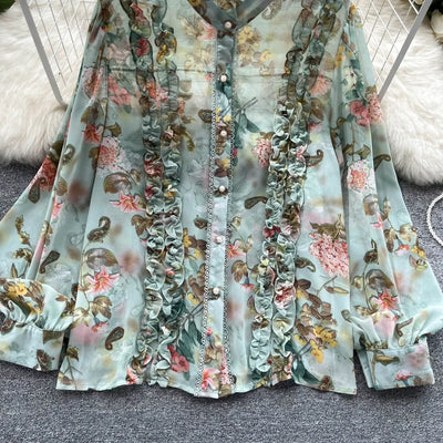 Women Ruffles Lace Floral Print Retro Elegant Button Shirts Summer Fashion Sweet Chic Stand Collar Long Sleeve Blouse Loose Tops
