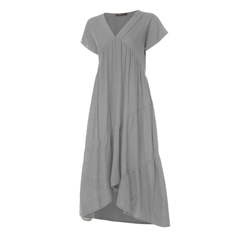 Bohemian Summer Dress for Women V Neck Vestidos Ladies Streetwear Solid Ruffle Dresses Asymmetrical Loose Robe Women Clothing
