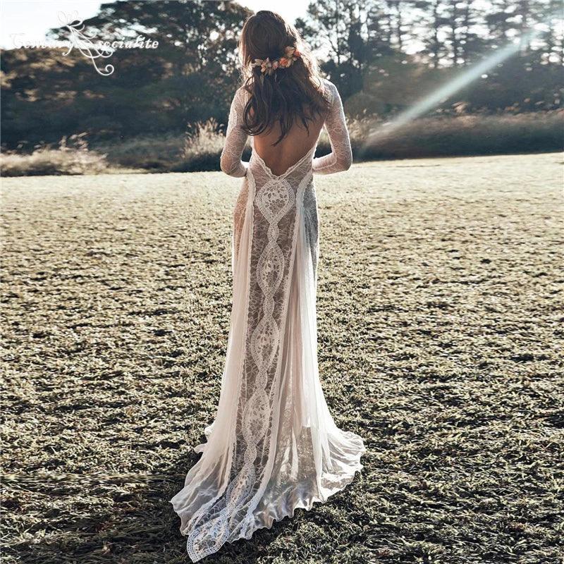 Boho Wedding Dresses 2025 Long Sleeve Backless Lace Appliques Chiffon Sheath Bohemian Bridal Gowns Beach Bride Dress Customized