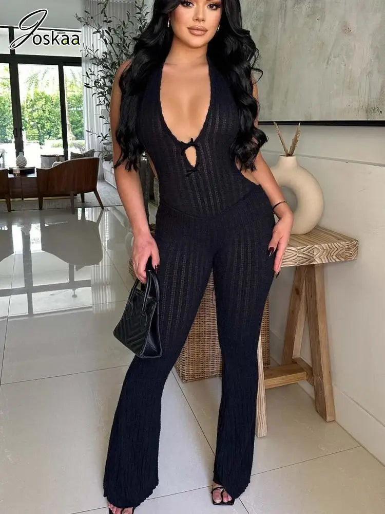 Joskaa Knitted Halter Backless Jumpsuit Women Sexy Deep V-Neck Bow Sleeveless Skinny Overalls 2025 Fitness Sportswear Clubwear