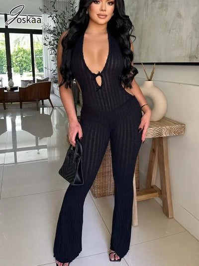 Joskaa Knitted Halter Backless Jumpsuit Women Sexy Deep V-Neck Bow Sleeveless Skinny Overalls 2025 Fitness Sportswear Clubwear