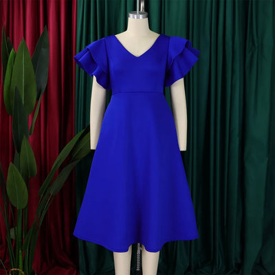 Elegant Party Dresses for Women V Neck Ruffles Sleeve High Waisted A Line Mid Calf Luxury Birthday Dinner Vestidos Mujer Dress