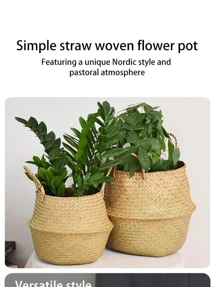 Wicker Basket Toy Organizer Folding Rattan Seagrass Storage Basket Laundry Woven Basket Plant Flower Pot For Home Garden
