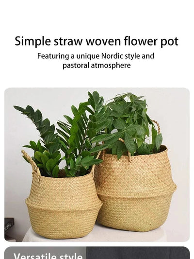 Wicker Basket Toy Organizer Folding Rattan Seagrass Storage Basket Laundry Woven Basket Plant Flower Pot For Home Garden