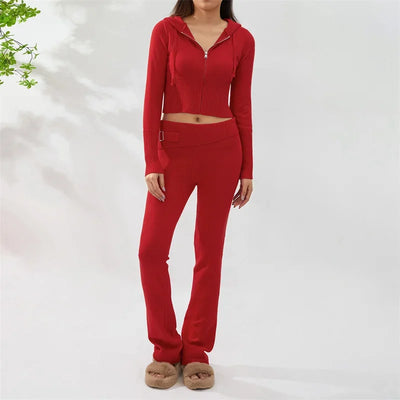 Women Tracksuit  Knit Lounge Set Long Sleeve Zip Up Hoodie with High Waist Wide Leg Pant 2 Piece Sweater Ensemble Casual Set
