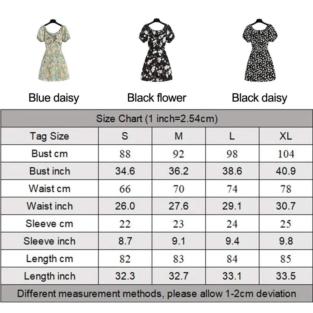 Women Mini Dresses Summer Fashion Female Vestidos Print Floral Chiffon Dresses Shirring Pleated Short Puffy Sleeve Casual Dress