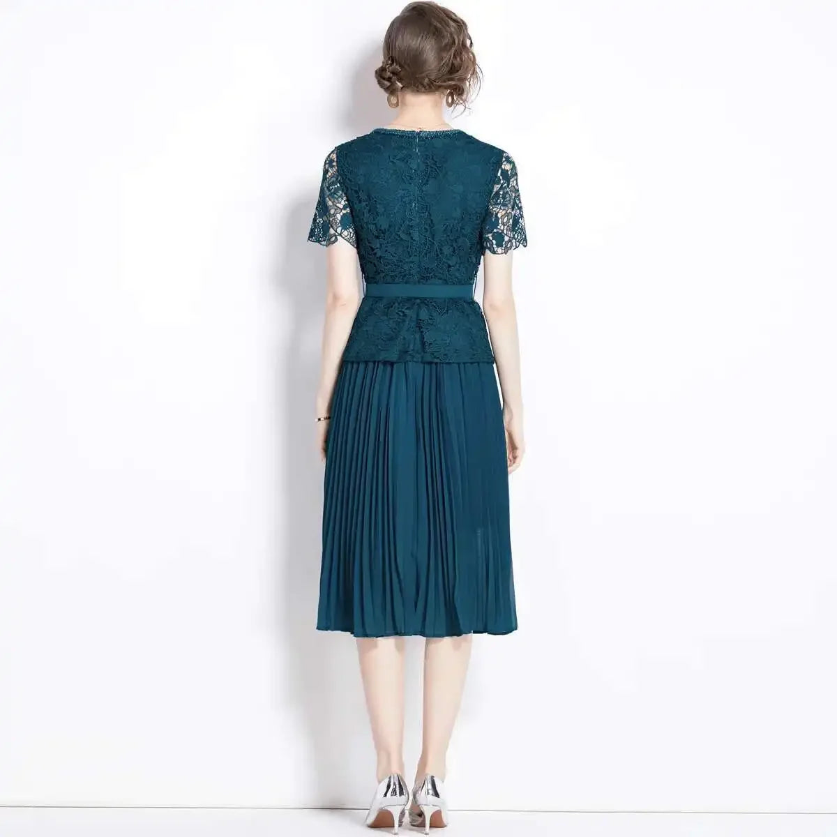 Luxury Evening Dress Women Summer Vacation Short Sleeve Pleated Lace Chiffon Long Dresses White Single Breasted Midi Party Robe