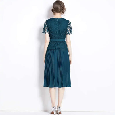 Luxury Evening Dress Women Summer Vacation Short Sleeve Pleated Lace Chiffon Long Dresses White Single Breasted Midi Party Robe