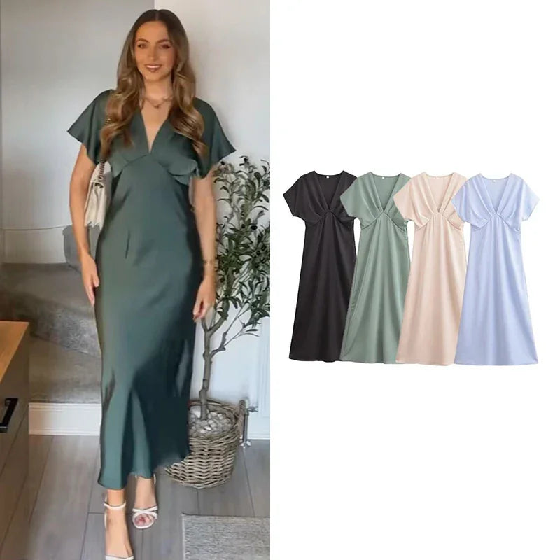Women's 2025 New Dresses Summer Elegant Fashion Slim V-neck Street Holiday Long Dress Young Women Chic Comfortable Dress