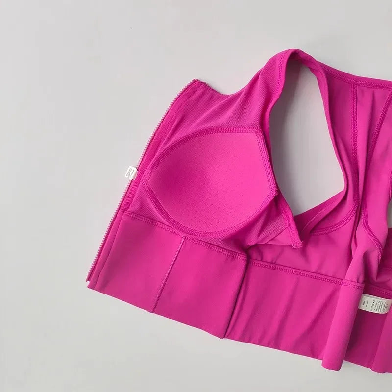 Women's sports and fitness underwear, integrated front zipper design, shock-absorbing gathering, quick drying yoga vest
