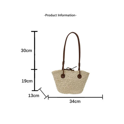Designer Bohemian Chic Shoulder Bag,Solid Color Large Capacity Straw Woven Tote Bag,Nature-Inspired Beach Vacation Women Handbag