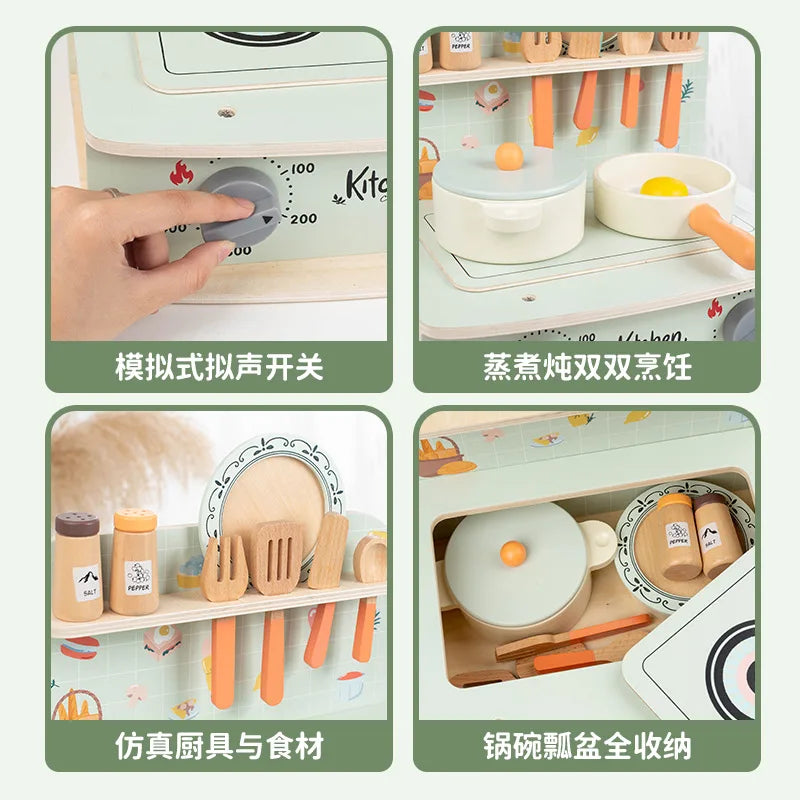 Wooden Mini Kitchen Set Toys Simulation Tableware Stove Cooking Utensils Kids Role-playing Hands-on Ability Interactive Games