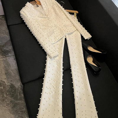 TWOTWINSTYLE Spliced Pearl Solid Two Piece Sets For Women Lapel Long Sleeve Top High Waist Pants Elegant Set Female KSE534390