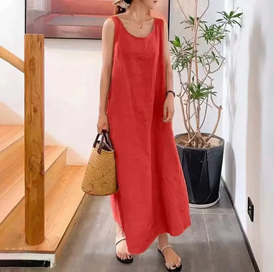 Fashion Casual Boho Dress For Women Summer Elegant Sleeveless Sundress Solid Beach Party Loose Dresses Robe Femme New Vestidos