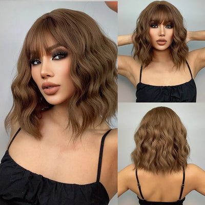 Short Wavy Bob Wigs for Women Dark Brown Bob Natural Synthetic Wig with Bangs for Girl Daily Cosplay Use Heat Resistant