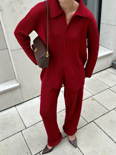 2025 Autumn Street Outfits Knitted Cardigan Pants Sets Women Single Breasted Lapel Sweater High Waist Wide Leg Trousers Suit
