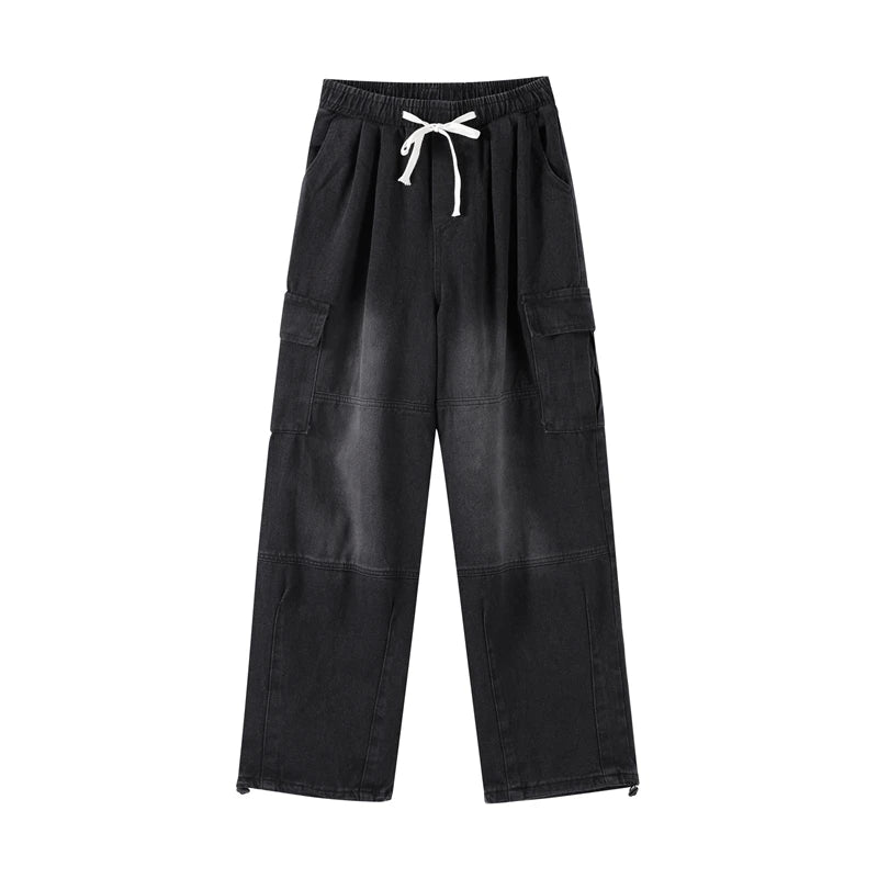 Denim Trousers For Men Adjustable Drawstring Y2k Versatile Baggy Cargo Jeans Men's Hippie Jogging Wide leg Pants Male Streetwear