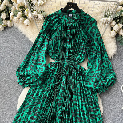 Retro Print Elegant Pleated Lantern Long Sleeve O Neck Single Breasted Dress A-line  Casual High Waist Women Summer Dresses