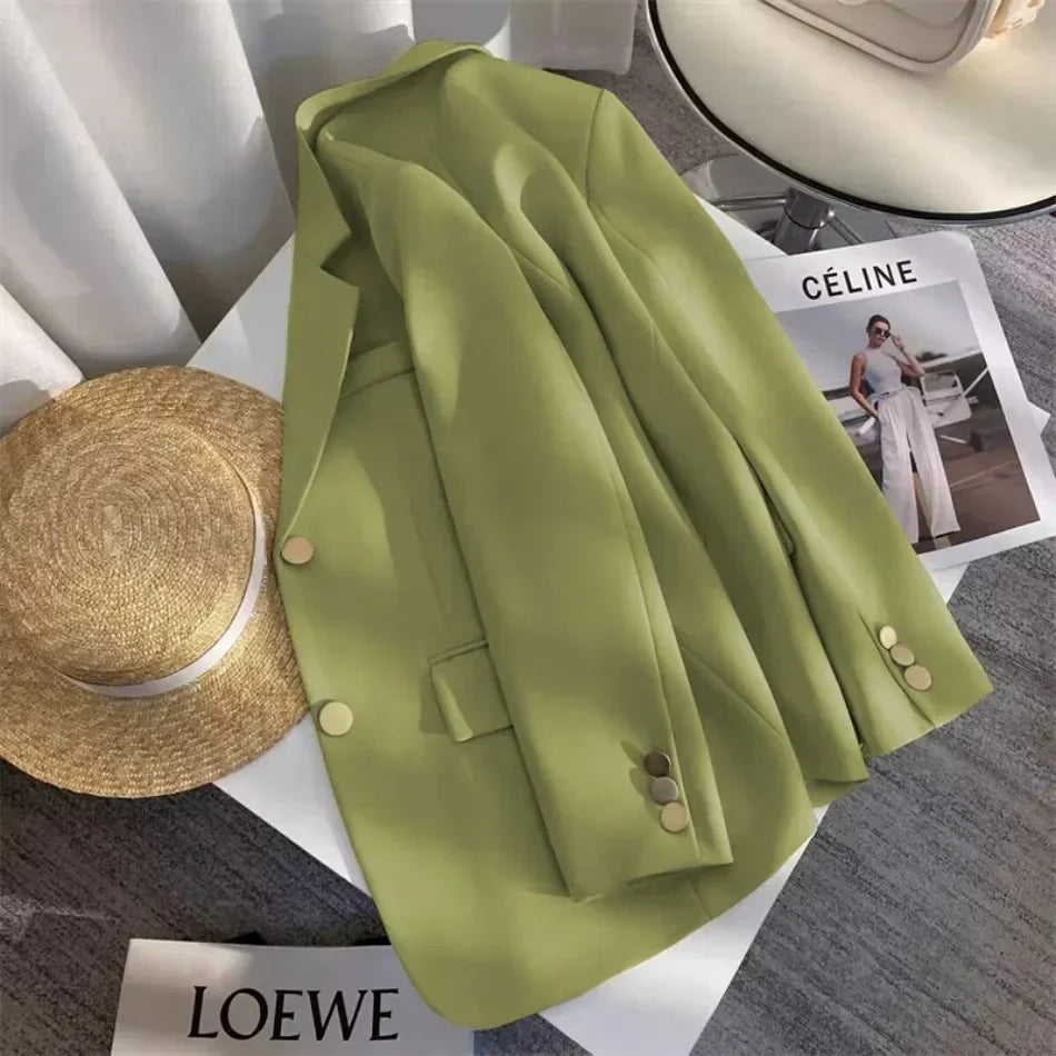 Women's Double Breasted Blazer Chic Office Lady Vintage Coat Fashion Notched Collar Long Sleeve Ladies Outerwear Stylish Tops
