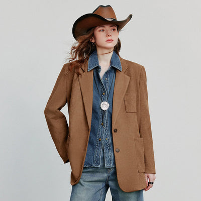 TOYOUTH Women Blazer 2025 Autumn New Barn Style Retro Brown Suede Lightweight Lapel Collar Single Breasted Button Suit Coat