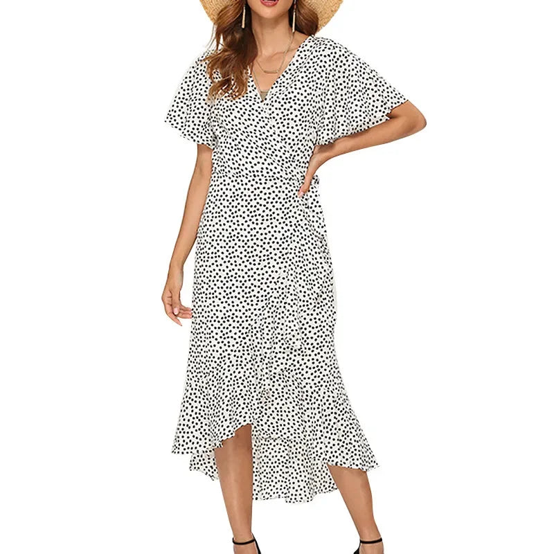Women Summer Dresses Bohemian Sexy V-Neck Irregular High Waist Lace-up Chiffon Print Dress Casual Beach Long Dress