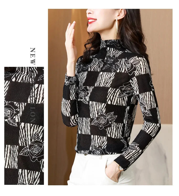 Printed Waffle Mesh T-shirts For Women New Autumn Slim-fit Base Half High Neck Strech Basic Tops Female