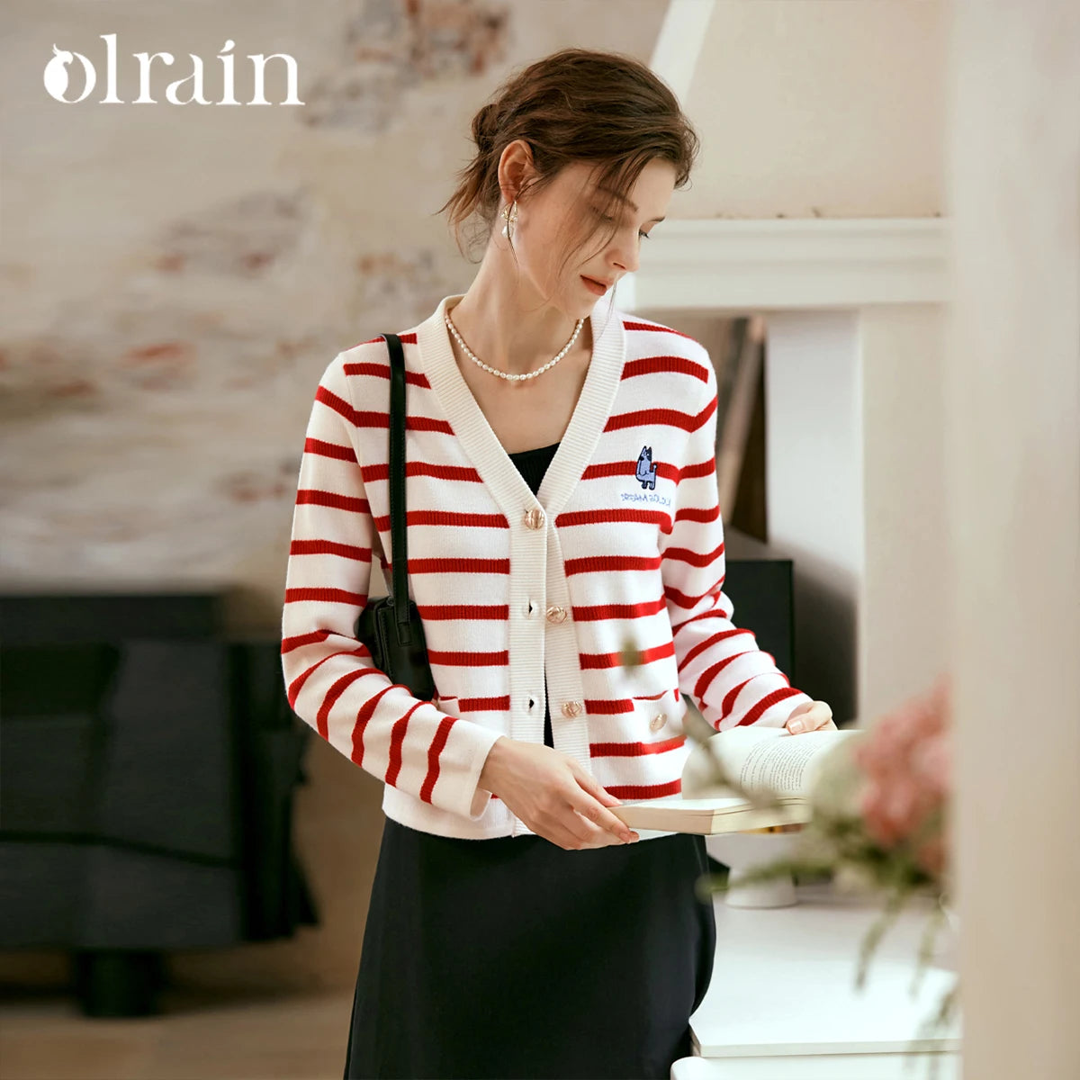 OLrain Wool Blend Striped Cardigan Women 2025 Spring Commute Embroidery V Neck Long Sleeve Chic Button Knitwear M56QZ86390