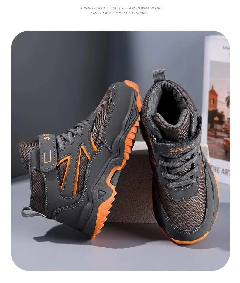 New Boys' Sports Shoes Non-slip School Children's Leather Breathable Running Black Fashion Hiking Shoes Sneaker Size 29-40