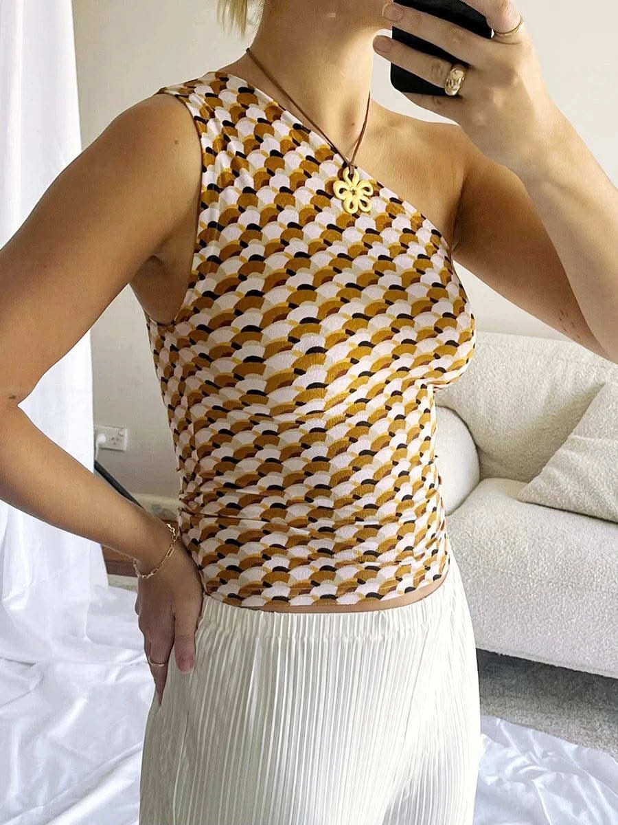 Women's One Shoulder Tops Slim Flower Print Slash Neck Backless