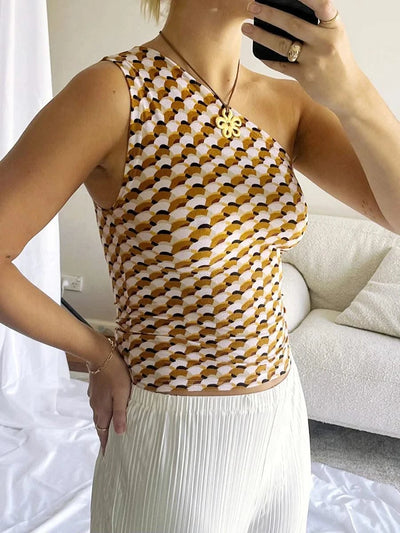 Women's One Shoulder Tops Slim Flower Print Slash Neck Backless