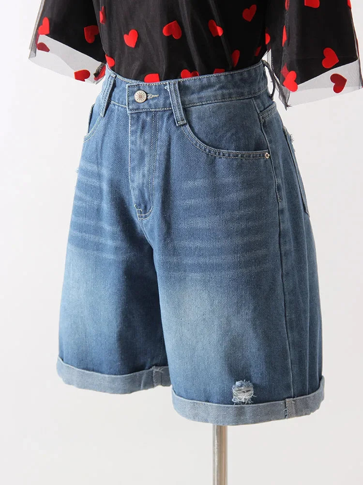 Women Denim Shorts Ripped Wide Leg Black High Waist Short Jeans Straight Leg Blue Denim Shorts For Women Summer Jean Shorts