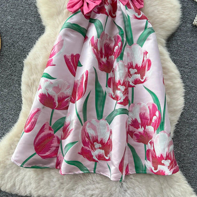 Women's Dress 2025 Summer Light Luxury Three-Dimensional Butterfly Butterfly Waist Cinched Suspender Printed Large Swing Dress