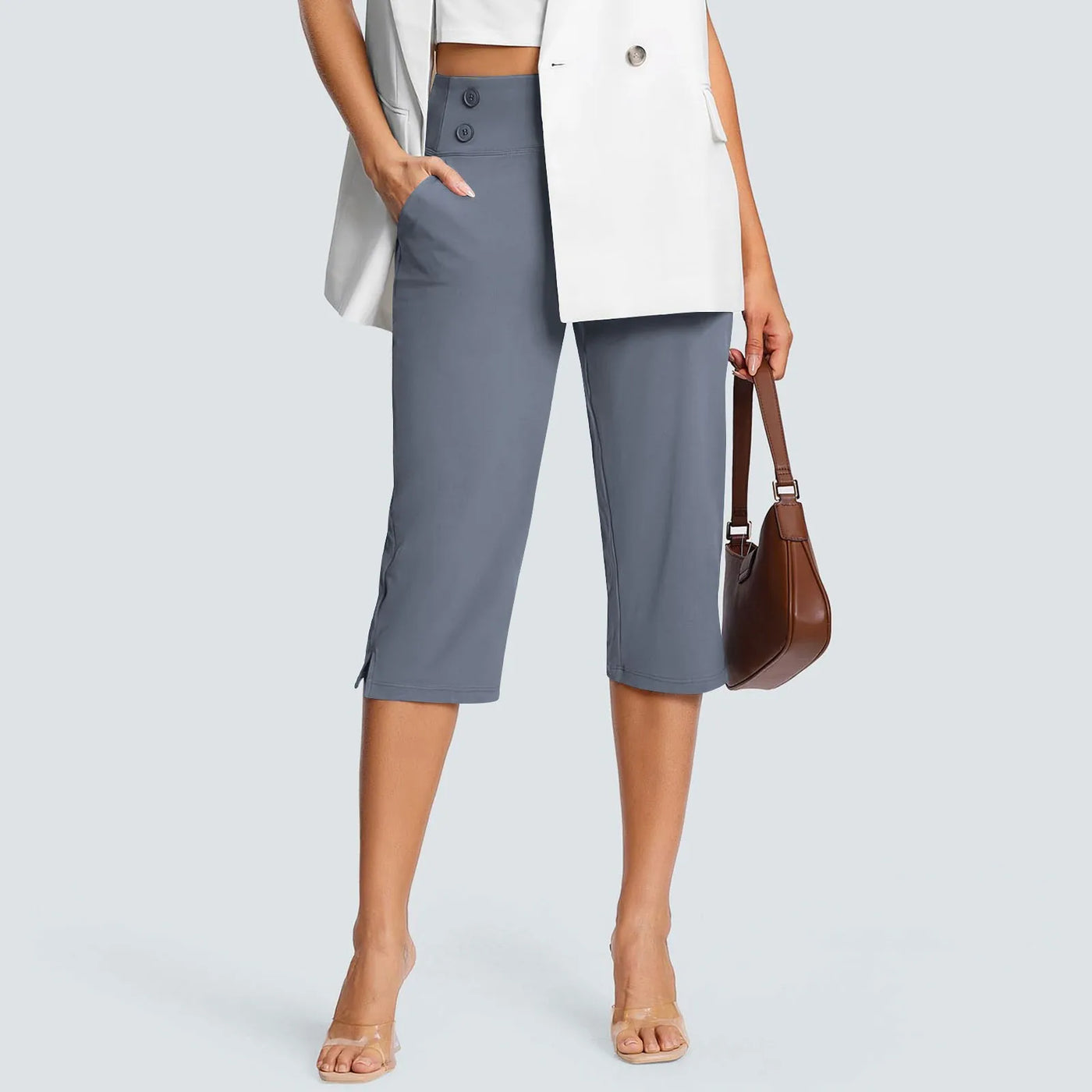 Women Elastic High Waist 3/4 Pant Casual Active Fit Wide Capris Leg Pants Trousers With Pockets Pants Woman брюки женские
