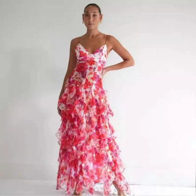 Summer Women Floral Print Party Dress Elegant New Fashion Strap V Neck High Waist Halter Corset Ruffle Evening Long Dress Robe