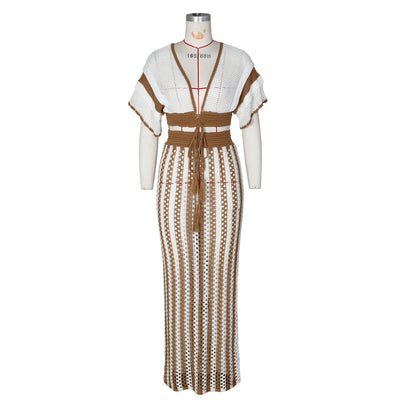 Summer 2 Pieces Women Vacation Outfits Striped Knitted Dress Sets Hollow Out Long Skirts and Short Sleeve V-Neck Crop Tops Set