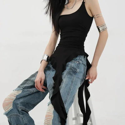 Deeptown Sexy Tank Top Asymmetrical Black Y2k Women Ruffle Grunge Backless Coquette Fashion Streetwear Tops Solid Aesthetics