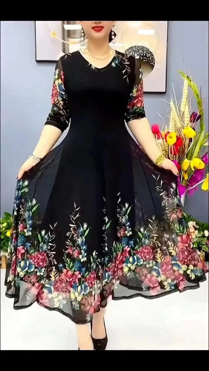 Women's Clothing Stylish Floral Printed Long Dress Summer Short Sleeve Casual Gauze Spliced Elegant V-Neck A-Line Waist Dresses