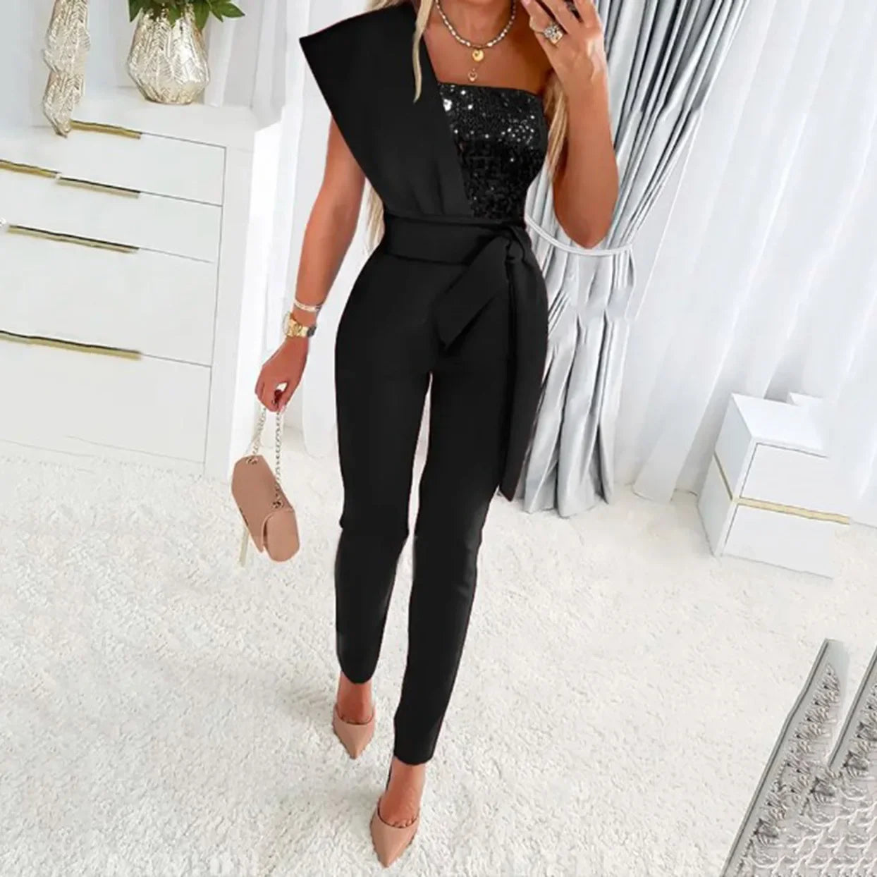 Summer Bodysuit Sexy Party Overalls Solid Sleeveless Women Jumpsuit Long Pants Rompers Lace-up Slim-fit Sequin Women's Trousers