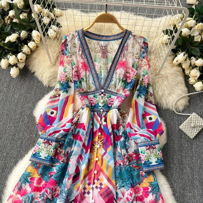 Summer Gorgeous Flower Dress Women Chiffon Clothing Sexy Deep V Neck Single Breasted Floral Print Beach Boho Long Robe Vestidos
