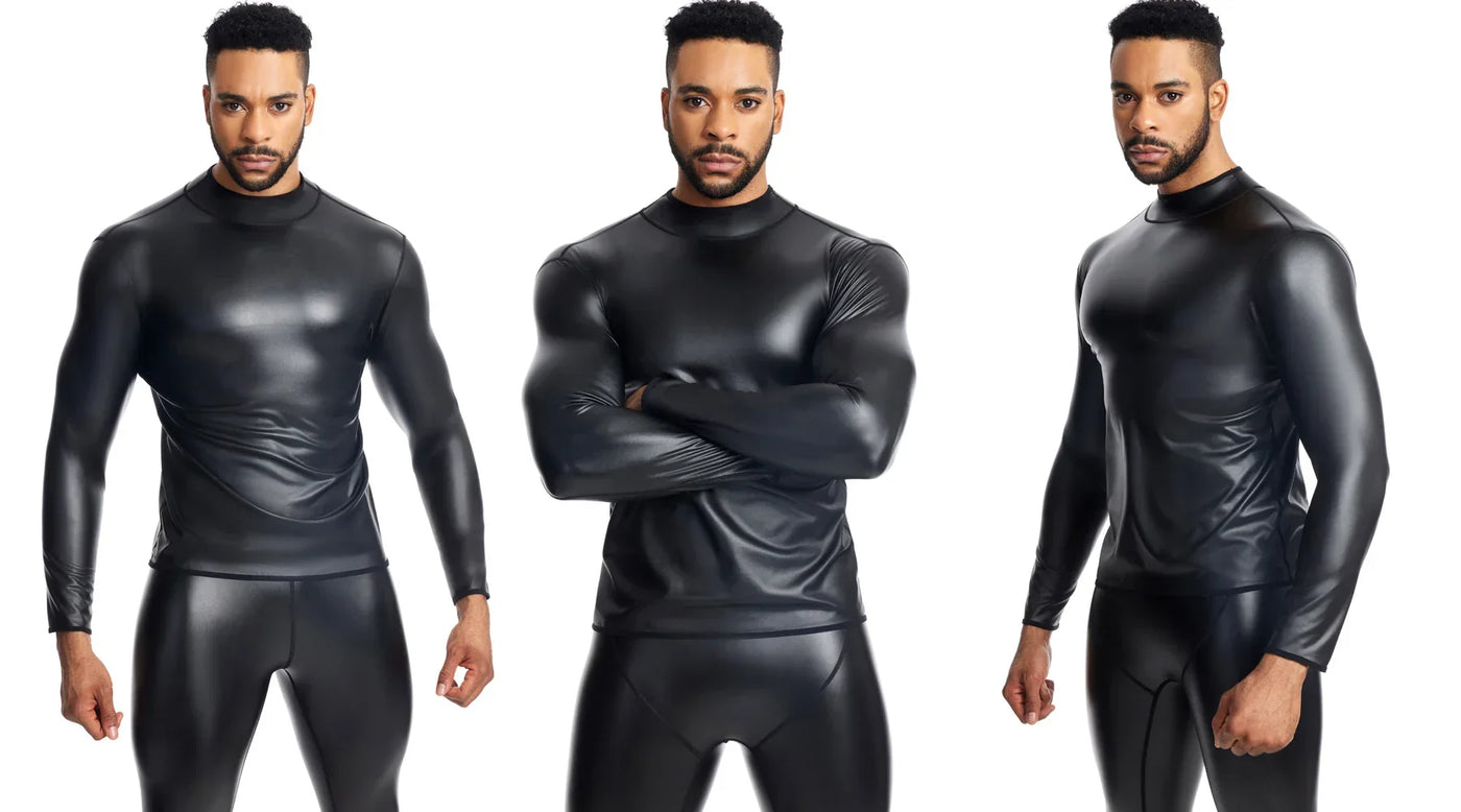 Men Long Sleeve Leather Shirt Tops Slim Underwear Body Shapers Waist Trainer Corsets Tummy Shapewear Leather Shirts Stand Collar
