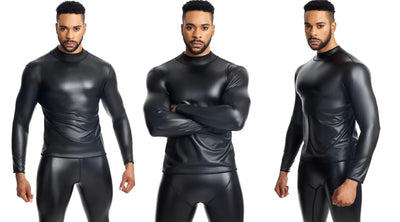 Men Long Sleeve Leather Shirt Tops Slim Underwear Body Shapers Waist Trainer Corsets Tummy Shapewear Leather Shirts Stand Collar
