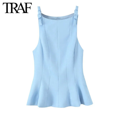 TRAF Top for Women Fashion Summer Short Skirt Hem Bow Sleeveless O-neck Blouse Street Clothing Vest Tank Chic Ladies Tops Mujer