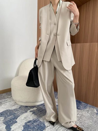 Spring and Autumn Women's Casual Solid Color Loose Jacket+V-neck Vest+Wide Leg Pants Set