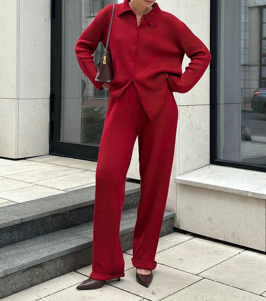 2025 Autumn Street Outfits Knitted Cardigan Pants Sets Women Single Breasted Lapel Sweater High Waist Wide Leg Trousers Suit