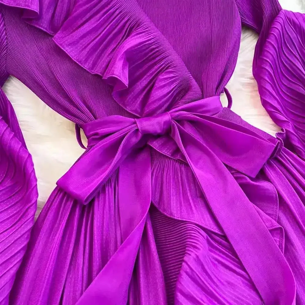 Women's V Neck Ruffles Splice Lantern Sleeve High Stretch Oversized Dresses Miyake Maxi Pleated 2025 Spring Long Party Clothing