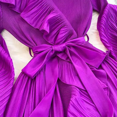 Women's V Neck Ruffles Splice Lantern Sleeve High Stretch Oversized Dresses Miyake Maxi Pleated 2025 Spring Long Party Clothing