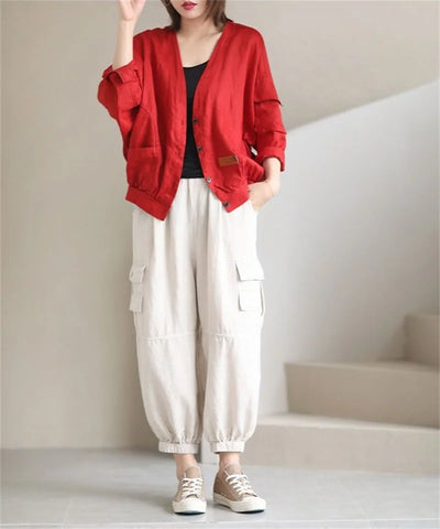 Fashion Cotton Linen Short Jacket For Women Spring Autumn New  Retro Loose V-Neck Thin Casual Top Coat Sunscreen Clothing
