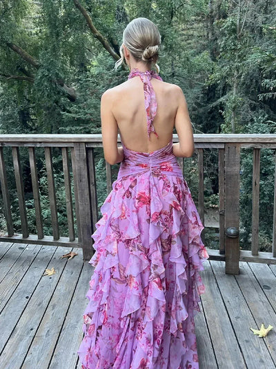 Bohemian Ruffle Long Dress for Women – Pink Floral Halter Neck Evening Gown – Elegant Vacation & Wedding Guest Dresses