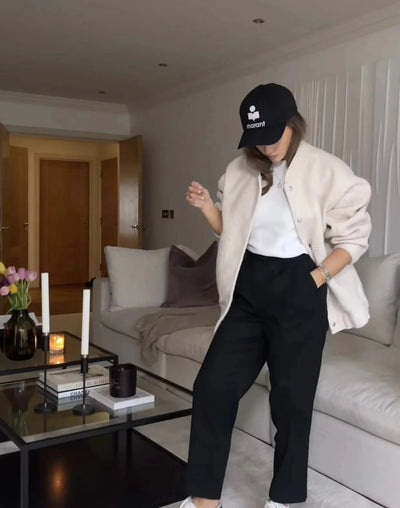 Woman's Oversized Bomber Jacket Autumn New Round Neck Long Sleeve Pocket Hidden Button Loose Jackets Coat Female Outerwear
